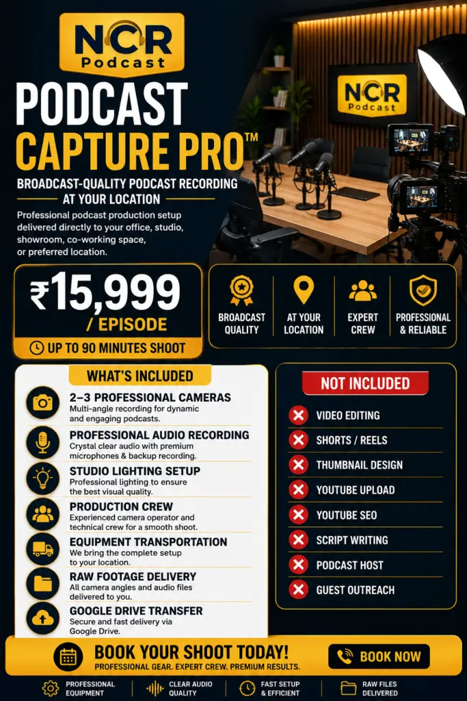 NCR Podcast Capture Pro - Broadcast Quality Podcast Recording at Your Location | Professional Multi Camera Podcast Production | ₹15,999 Per Episode